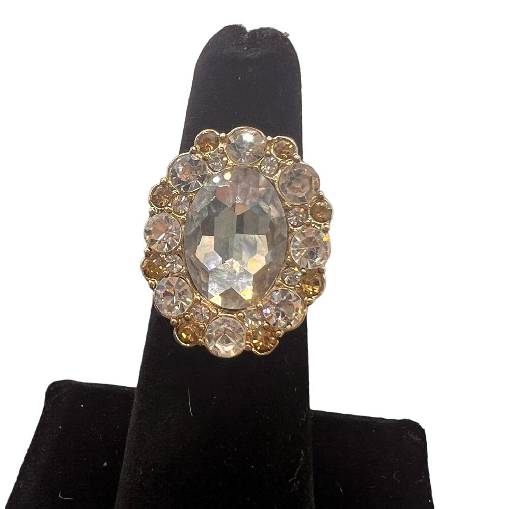 Vintage Ring 60s Huge Clear CZ Rhinestone Gold Overlay Adjustable Band